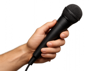Hand holding a black microphone on transparent background