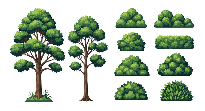 A collection of various pixel art trees and bushes, perfect for retro video game environment design and digital projects.