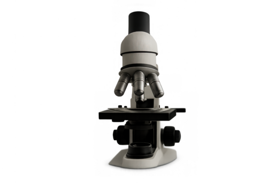 Optical microscope standing on transparent background, symbolizing scientific research, biology, and laboratory investigation