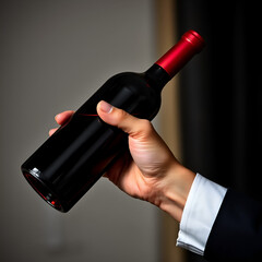 Elegant image of a hand holding a bottle of red wine. Perfect for depicting luxury, celebration, connoisseurship, or a special occasion. Use for articles on wine or lifestyle.