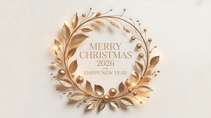 Merry Christmas and Happy New Year 2026 elegant gold wreath on white minimal luxury greeting card