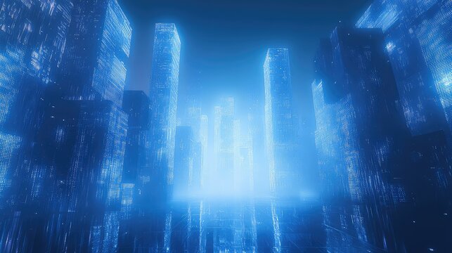Futuristic digital cityscape showing data network and metaverse concept