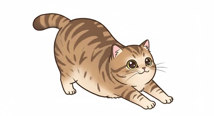 Fototapeta premium Playful chubby tabby cat cartoon stretching its front paws forward with big adorable expressive eyes. AI Generated