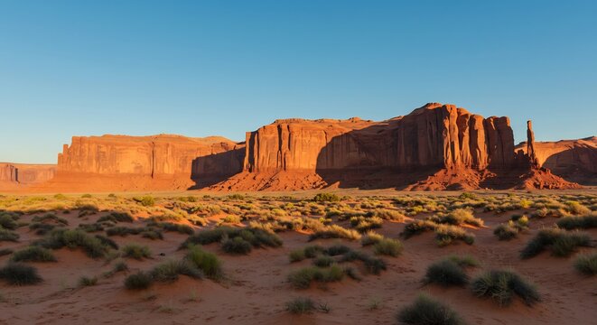 Majestic red rock formations brightly glow from warm golden sunlight across a vast rugged desert landscape. AI Generated - Powered by Adobe