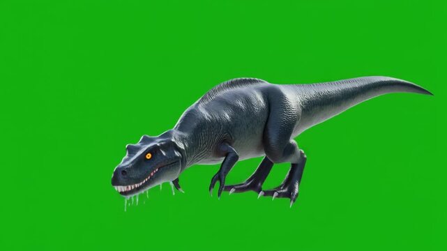 A dark dinosaur with water dripping from its mouth moves dynamically