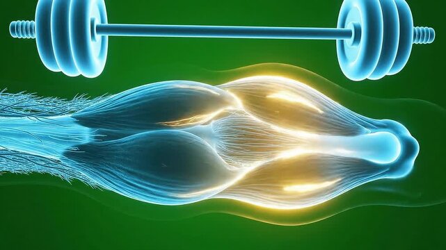 Abstract 3D Visualization of Muscle Fibers Undergoing Intense Strength Training with Barbell Over Green Screen Background For VFX