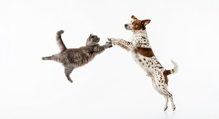 Fototapeta premium Dynamic cat and dog leaping playfully mid air in a brightly lit high key studio setting clean white background. AI Generated