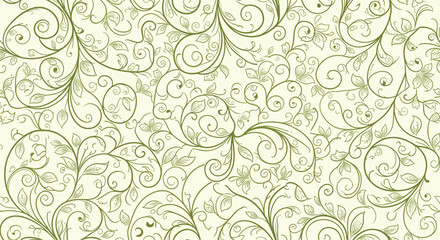 A seamless pattern of delicate green hand-drawn swirling vines, leaves, and floral motifs on a light cream background, evoking natural elegance.