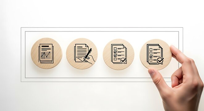 Hand placing a wooden stamp with a document icon onto a clear acrylic board