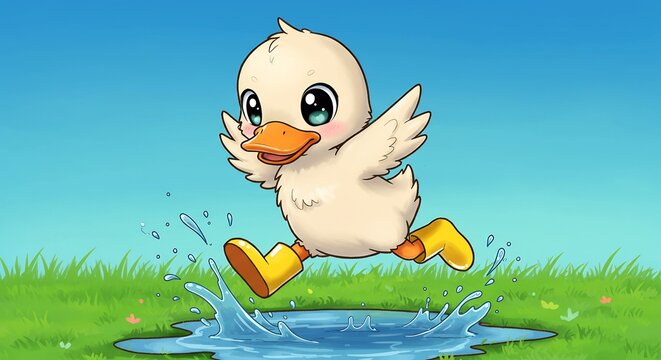 Adorable cartoon duckling joyfully splashes in a puddle wearing yellow boots with a vibrant animated style. AI Generated
