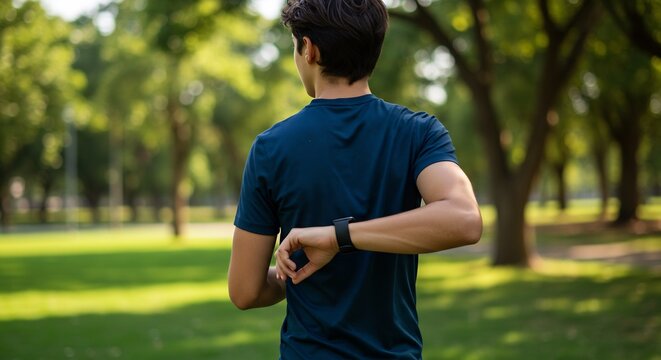 Energetic man jogging checking smart watch in a lush green park bright morning sun. AI Generated