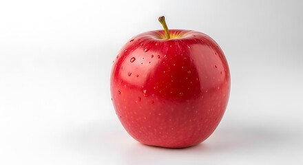 A single red apple with water droplets on a white background