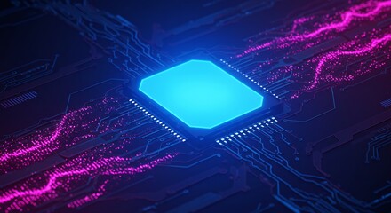 Bright glowing processor chip emitting intense blue light streams through a dynamic digital circuit network with vibrant pink energy flows. AI Generated