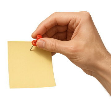 Hand holding yellow sticky note with red pushpin