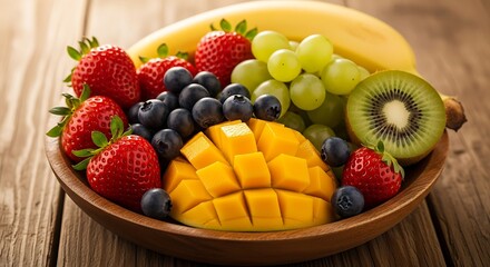 Vibrant bowl of fresh assorted fruits on wooden table