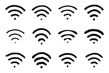 Set of hand drawn free wifi spot zone sign Public wi-fi area sign Wireless internet clipart in doodle style Single element for print, web, design, decor 3G, 4G, 5G, 6G, IoT