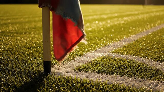 Football field corner flag waving with sunlight, highlighting the sports and competition atmosphere