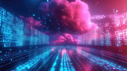 Digital data flowing under vibrant cloud computing sky
