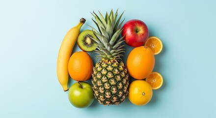 Vibrant assortment of fresh whole and sliced fruits on a light blue background