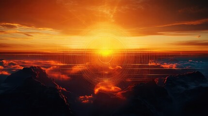 Futuristic sunset over mountains with digital grid overlay