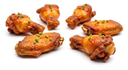 Deliciously glazed chicken wings with green garnish on white background