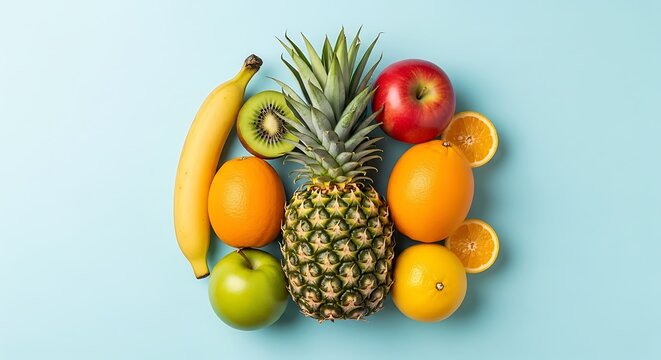 Vibrant assortment of fresh whole and sliced fruits on a light blue background