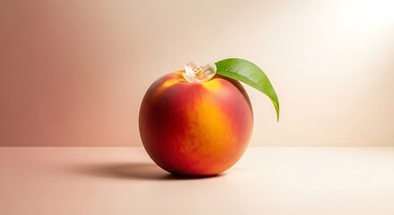 Single ripe nectarine with a green leaf on a softly lit background
