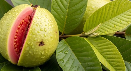 Close up of a ripe pink guava fruit with green leaves