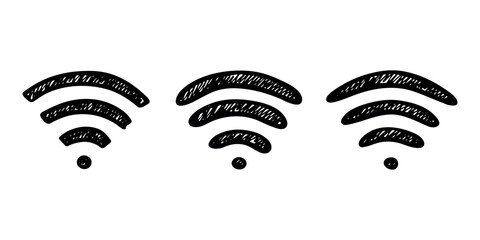 Set of hand drawn free wifi spot zone sign Public wi-fi area sign Wireless internet clipart in doodle style Single element for print, web, design, decor 3G, 4G, 5G, 6G, IoT