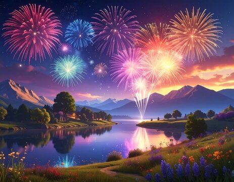 Colorful fireworks burst over serene lake and mountains at sunset