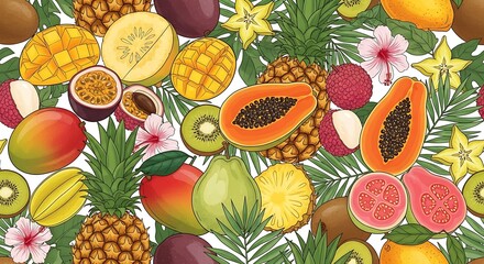 Vibrant tropical fruit assortment with lush greenery and flowers