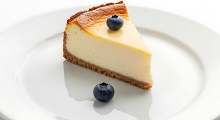 A single slice of creamy New York cheesecake on a white plate, garnished with fresh blueberries.