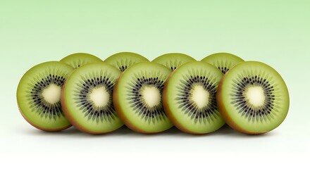 Freshly sliced ripe kiwifruit halves arranged in a row