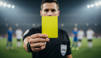 Football Soccer Referee Shows Yellow Card for Fouling in Stadium During Championship Match