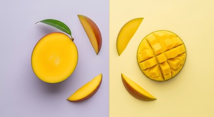 Vibrant mango slices and whole fruit arranged on a split background