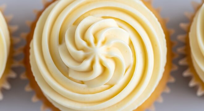 Close-up shot of a cupcake with a swirl of creamy, pale yellow frosting, perfectly centered.