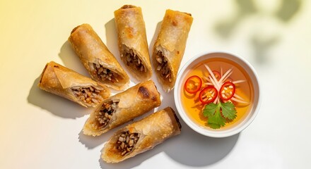 Crispy fried spring rolls with dipping sauce and chili slices