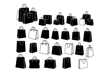 black shopping bags thin linear pure white background