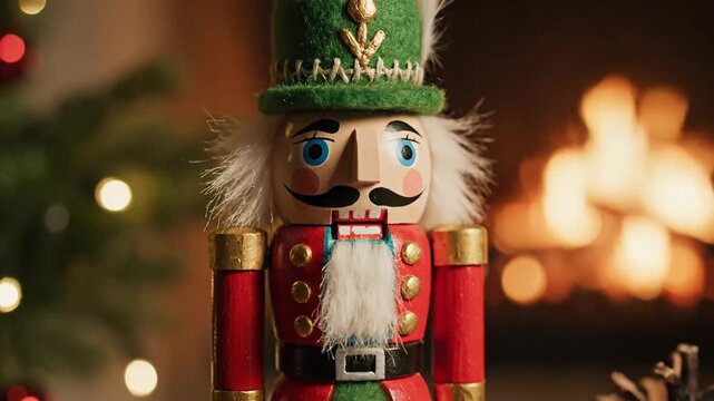 Festive Nutcracker Decorations with Fireplace Background and Christmas Season Elements
