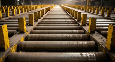 Industrial conveyor system stretches into the distance with yellow support structure.