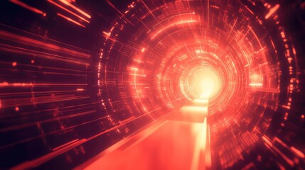 Red futuristic digital tunnel moving through data stream