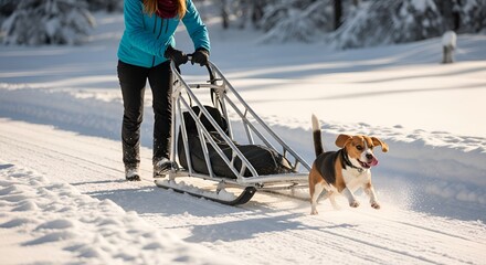 A woman pulls a sled as a playful beagle dog runs excitedly alongside it in a snow landscape.