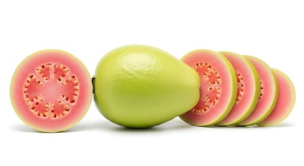 Fresh pink guava fruit whole and sliced on white background