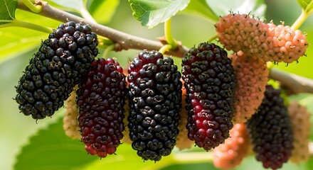 Ripe and unripe mulberries hanging on a branch