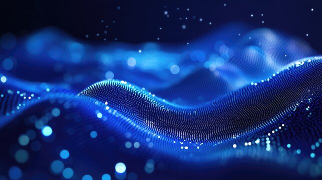 Abstract blue wave connecting data particles on dark background