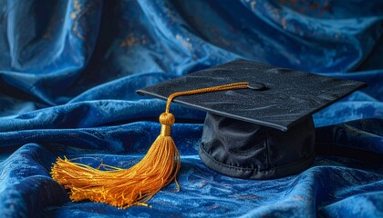 Black graduation cap with golden tassel on dark blue textured surface, symbolizing academic achievement.