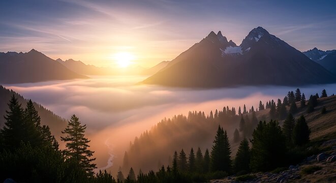 Majestic mountain sunrise over a sea of clouds and pine trees