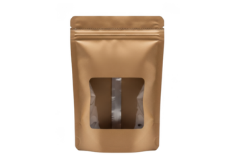 Kraft paper stand up pouch with clear window isolated on transparent background