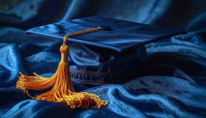 Black graduation cap with golden tassel on dark blue textured surface, symbolizing academic achievement.