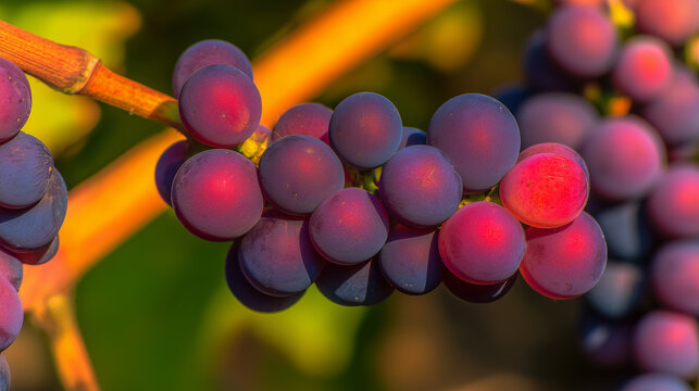 sangiovese. Deep red Sangiovese grapes ripening on the vine in a vineyard at sunset. inspiring travel planning, menu design, designed for culinary blogs and recipe cards for restaurants. - Powered by Adobe